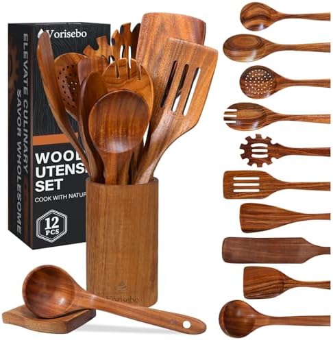 12 Pcs Teak Wooden Utensils Set, Wooden Spoons for Cooking by Vorisebo