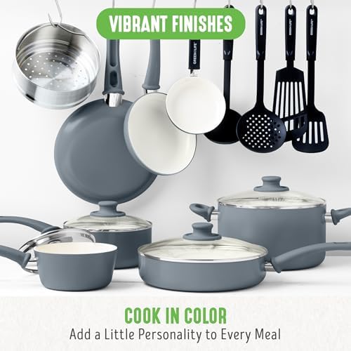 GreenLife Soft Grip Healthy Ceramic Nonstick 18 Piece Kitchen Cookware Pots and Frying Sauce Saute Pans Set, PFAS-Free with Kitchen Utensils and Lid, Dishwasher Safe, Gray - Image 5