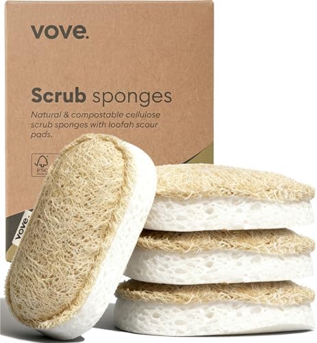 Vove Scrub Sponges 4 Pack, Cellulose and Cotton with Natural Loofah by Vove