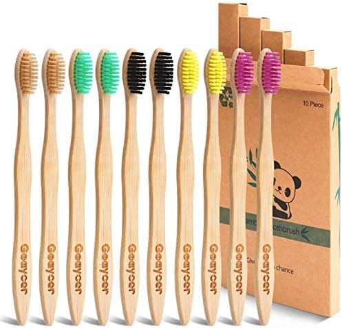 Bamboo Toothbrushes 10 Pack, Medium Soft Bristles BPA Free Biodegradable Bulk Wooden Toothbrush by GOAYCER