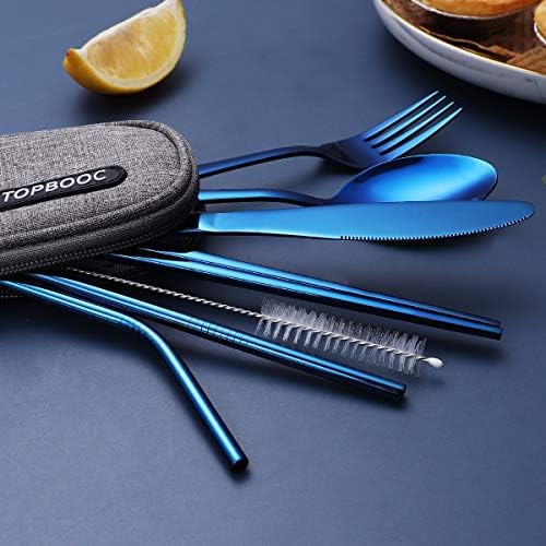 Portable Stainless Steel Flatware Set, Travel Camping Cutlery Set, Portable Utensil Travel Silverware Dinnerware Set with a Waterproof Case (Blue) - Image 2