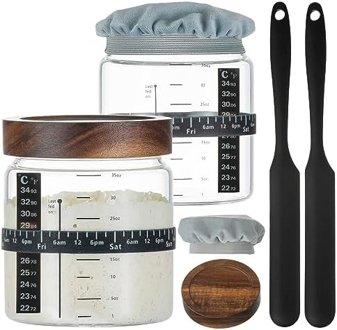 Wissy&Konny Sourdough Starter Jar 2Pack 35OZ with Ounce Scale Line,Date Marked Feeding Band, Thermometer, Sourdough Jar Scraper, Cloth Cover & Wood Lid, Wide Mouth for Sourdough Bread Baking by ENJOYLIFEENJOYHEALTHY