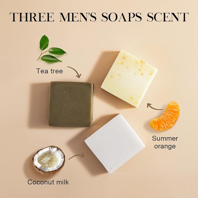 Natural Bar Soap for Body - 5oz x 3 Bars, Skin Cleansing Bar Soap Made from Natural Oils, Acne Relief & Skin Moisturizing - Australian Tea Tree, Summer Orange, Coconut Milk