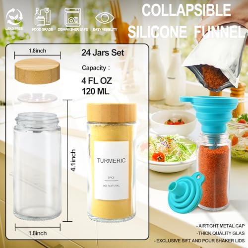 AISIPRIN Glass Spice Jars with 398 Labels-4oz 24 Pcs,Round Seasoning Jars with Bamboo Airtight Lids,Spice Container Set -Shaker Lids, Funnel,Brush and Marker Included - Image 3