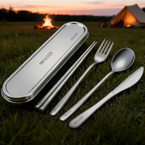 INKULEER Travel Cutlery Set - 18/8 Stainless Steel Reusable Utensils with Metal Case, Portable Silverware for Camping, Office, Travel & Outdoor Dining - Image 2