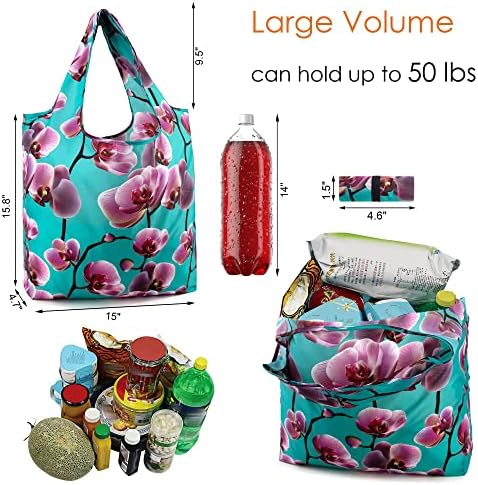 BeeGreen 12 Packs Flower Reusable Grocery Bags Reusable Tote Bags Extra Large 50LBS Cute Floral Design Foldable Reusable Bags for Women Men Lightweight Durable - Image 4