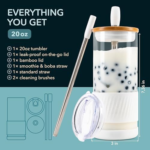 Pandaloo® Glass Cups With Lids and Straws -20 Fl Oz- Perfect Size Iced Coffee Cup - Smoothie Cup With Bamboo Lid and On the go Lid - Glass Tumbler With Straw (1 Count (Pack of 1), Coton White) - Image 2