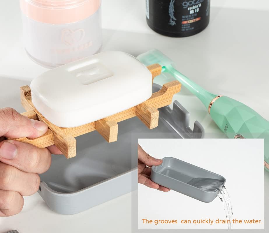 Eco-Friendly Bamboo Soap Dishes, Removable Soap/Sponge Holder for Home, Bathtub Soap Tray, Grey - Image 5