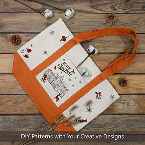 TOPDesign 3-Pack Canvas Tote Bags with an External Pocket, Reusable Grocery Shopping Bags, Top Zipper Closure, Daily Essentials (Orange/Natural) - Image 3