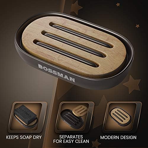 Bossman Natural Bamboo Bathroom Soap Dish w/ Premium Ceramic Base - Black - Image 3