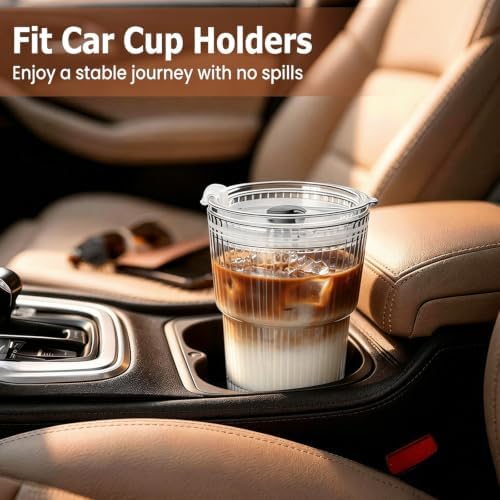 TUZAZO 13 Oz Ribbed Glass Coffee Tumblers with Lids and Straws, 4 Pack - Image 5