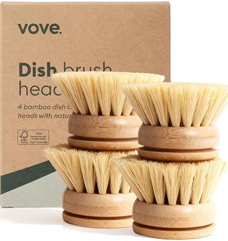 Vove Bamboo Dish Brush Replacement Heads 4-Pack, Natural Fiber Bristles by Vove