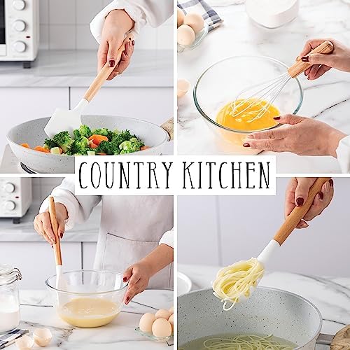 Country Kitchen Non Stick Silicone Utensil Set with Rounded Wood Handles for Cooking and Baking, 14 Piece Set, White - Image 3