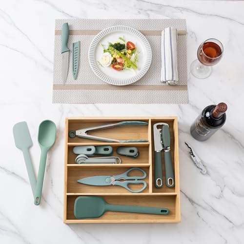 COOK WITH COLOR Bamboo Kitchen Utensil Set with Drawer Organizer | Cooking Tools and Storage Caddy, Sage, 18 Piece Gadget Set - Image 6