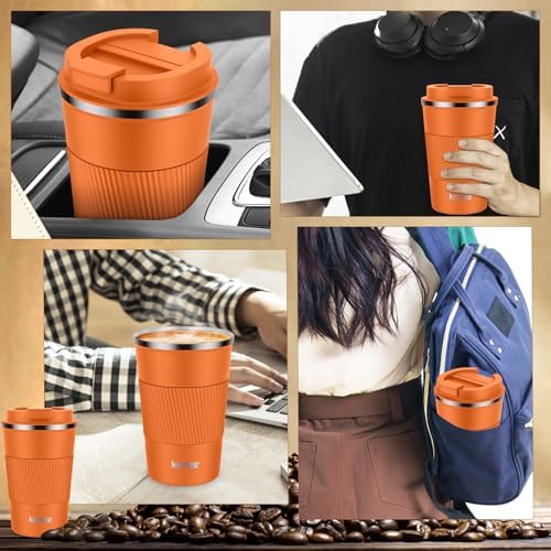 KETIEE 12oz Insulated Travel Mug, Vacuum Stainless Steel Double Walled Reusable Coffee Cup with Leakproof Lid, Travel Tumbler Coffee Mug to Go for Hot and Iced Tea Water (Orange) - Image 5