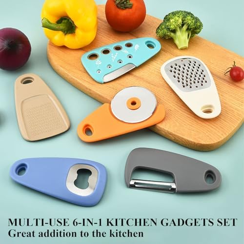 Kitchen Gadgets Set 6 Pieces, Space Saving Cooking Tools Kitchen Accessories-Garlic Grinder, Cheese Grater, Vegetable Peeler, Pizza Cutter, Herb Stripper, Bottle Opener, Gadgets Gift Set (Multicolor) - Image 3