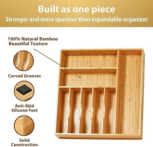 Umilife Large Kitchen Drawer Organizer, 19"x19" Silverware Utensils Organizer, 2.5" High for Large Deep Drawers, Bamboo Flatware Holder with Thick Frames, Sturdy Kitchen Organization Tray - Image 2