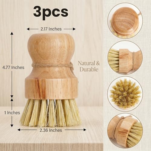 3 Pcs Dish Brush Set, Bamboo Palm Fiber Scrub Brush for Kitchen Cleaning, Pot Pan Sink Wok Vegetable Cleaning Brushes - Image 2