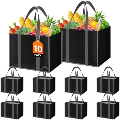 WISELIFE Reusable Grocery Bags with Handles, Foldable, 35L, 10 Pack, Black by WiseLife