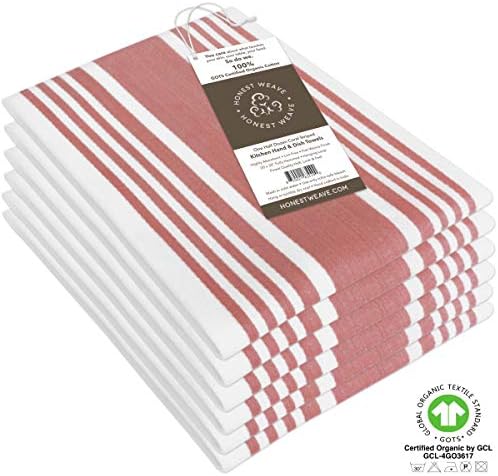 HONEST WEAVE GOTS Certified Organic Cotton Kitchen Hand and Dish Towel Sets - Oversized 20x30 inches, Fully Hemmed, in Designer Colors, 6-Pack, Coral Stripe - Image 3