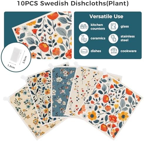 wlich 10 Pack Swedish Dishcloths, Reusable Kitchen Towels with Clips, Plant - Image 3