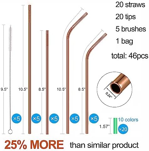 20 Pcs Rose Gold Reusable Stainless Steel Straws,10.5" & 8.5" Reusable Drinking Straws with 20 Silicone Tips 5 Straw Brushes 1 Travel Case,Eco Friendly Extra Long Metal Straw for 20 24 30 oz Tumbler - Image 2