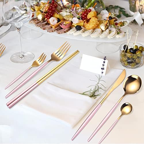 AARAINBOW 8 Pieces Stainless Steel Flatware Set Portable Reusable Cutlery Set Travel Utensils Set Including Chopsticks Knife Fork Spoon Straws Cleaning Brush Dishwasher Safe (Pink Golden) - Image 6