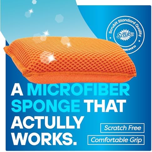 SCRUBIT Reusable Sponges for Dishes - 12 Pack Microfiber Sponges Kitchen Dish Scrubber, Machine Washable & Non-Scratch Scrubbers (Orange) - Image 5