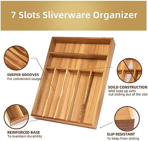 Besilord Silverware Organizer Kitchen Drawer Organizer Utensil Organizer Acacia Silverware Holder Cutlery Organizer in Drawer Flatware Organizer Tray(7 slots, Acacia - Image 3