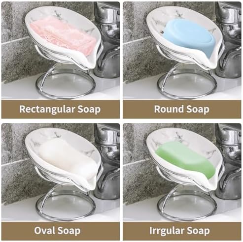 Dobbyby Leaf-Shaped Soap Dish – Ceramic Soap Bar Holder with Self-Drainage System – Bar Soap Holder for Shower, Bathroom Sink, Kitchen – Soap Dish with Stainless Steel Stand (White-Sliver-2 Pack) - Image 6