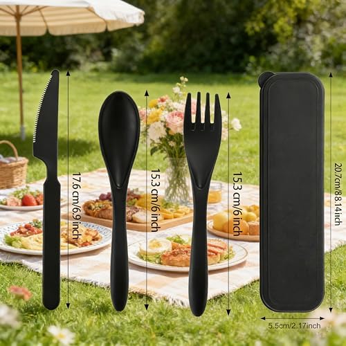 Reusable Travel Utensils Set with Case, 4 Pack Wheat Straw Portable Cutlery - Image 2