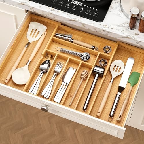 BAMEOS drawer organizer flatware organizer cutlery tray silverware organizer expandable adjustable bamboo drawer organizer kitchen bathroom - Image 7
