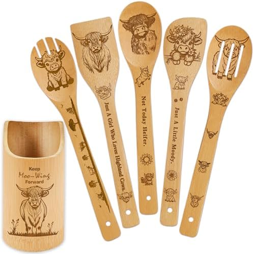 Highland Cow Kitchen Decor Bamboo Wooden Spoons With Utensil Holder,Hummingbird Kitchen Accessories for Cooking-Home Decorations Gifts for Women-Housewarming,Birthday,Mothers Day(6PCS） (Highland Cow) by DudjotcHome