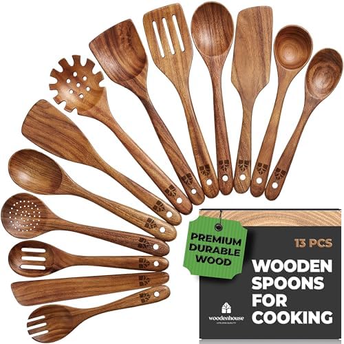 Wooden Spoons for Cooking 13 Pcs, Teak Wooden Utensil Set for Nonstick Pans by Woodenhouse