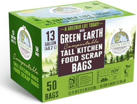 Green Earth Compostable Tall Kitchen Food Scrap Trash Bags, Compost Bin Compatible, 13 Gallon, 49 Liter, 100-Count, Superior Strength 0.9 Mil, ASTM D6400, BPI (US) & OK Compost Home (EU) Certified - Image 3