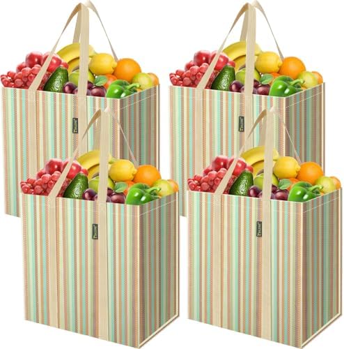 BALEINE 4 PK Grocery Bags Reusable Shopping Bags with Reinforced Bottom, Heavy Duty Foldable Tote Bags (Color Strip) by BALEINE