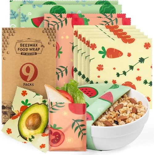 Akeeko Reusable Beeswax Food Wraps - Assorted 9 Packs, Reusable, Plastic-Free Food Storage, 5 Small, 2 Medium, 1 Large, 1 Extra Large Wraps with Cute Fruits Pattern by Akeeko