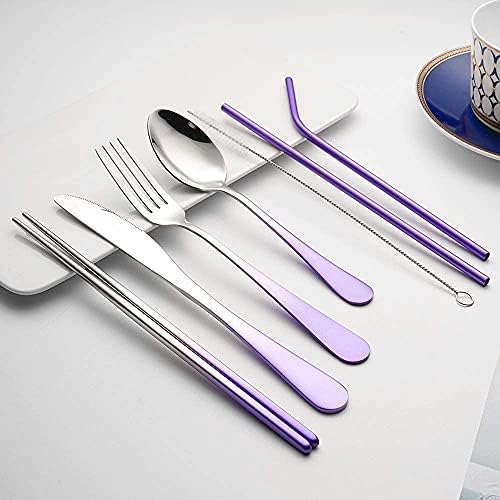 Travel Utensils Set with Case Reusable Portable Cutlery Set Stainless Steel 8pcs Including Dinner Knife Fork Spoon Chopsticks straws (Gradient Purple) - Image 6