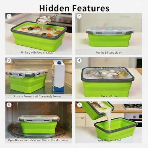 Collapsible Silicone Food Storage Containers Set, 4PCS Foldable Lunch Boxes with Lids & Air Vent, 27oz Multifunctional Travel Food Containers, Bento Boxes, Green - Image 3