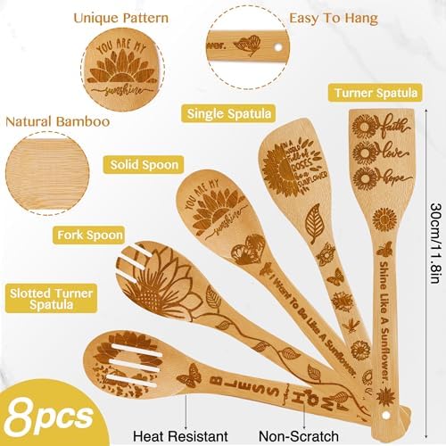 8PCS Sunflower Kitchen Bamboo Cooking Spoon Utensil Set with Apron Oven Mitt Pot Holder -Sunflower Themed Decor Gifts for Women,Mom,Housewarming,Christmas,Birthday Gift - Image 3