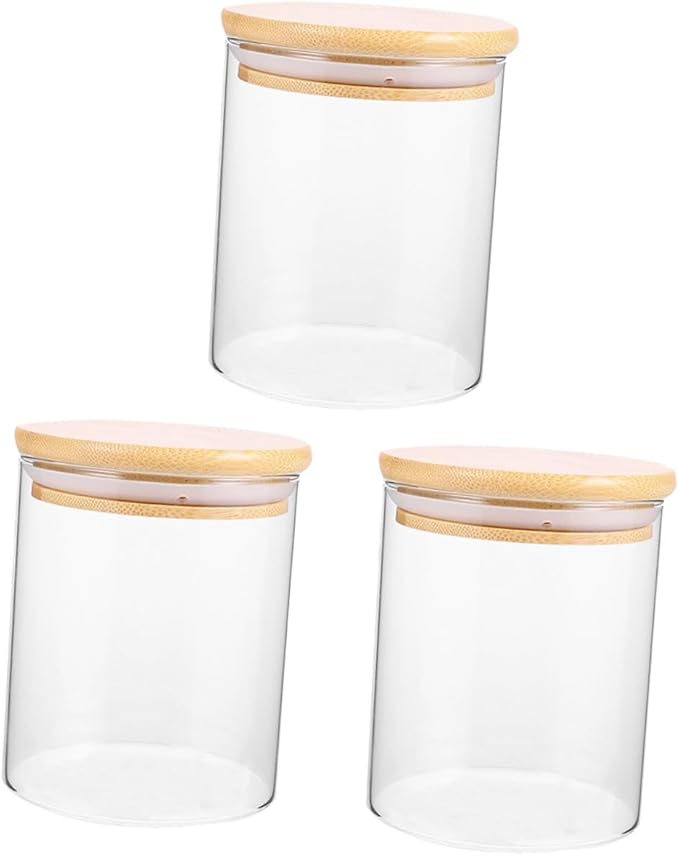 Uonlytech 3 Pcs Glass Storage Jars with Wooden Lids Airtight Multipurpose Canisters for Tea Snacks Nuts Dried Fruits Kitchen Pantry Containers