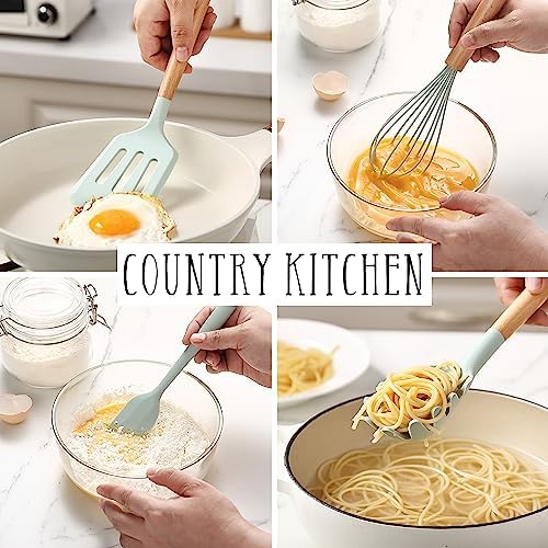 Country Kitchen Non Stick Silicone Utensil Set with Rounded Wood Handles for Cooking and Baking, 14 Piece Set, Mint - Image 3