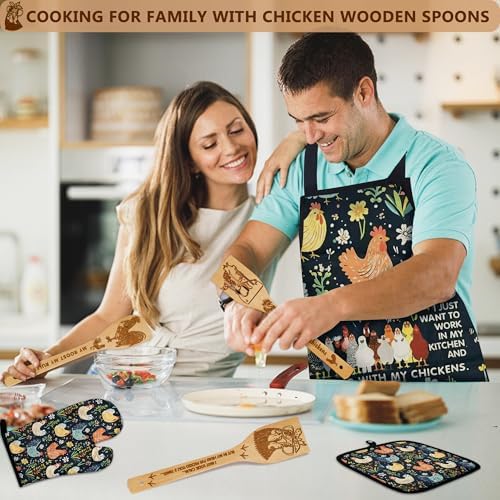 8 PCS Chicken Bamboo Cooking Spoon with Apron and Oven Mitts,Rooster Kitchen Utensil Decor Gifts for Women Chicken Lovers,Roosters Themed Decorations for Home,Housewarming,Birthday,Mother's Day,Easter - Image 2