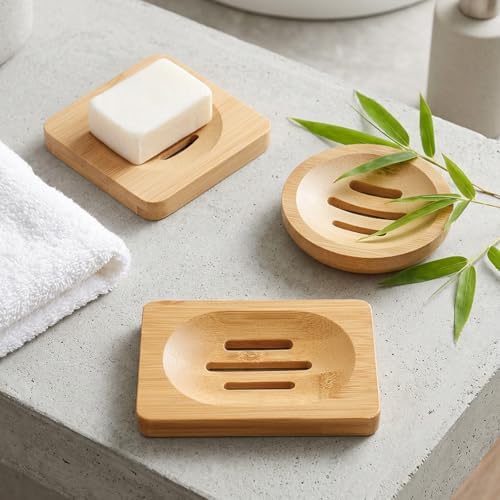 3PCS Bamboo Soap Holder Wooden Soap Dishes for Bathroom, Natural Soaps Dish Self-Draining Bar Soaps Holder Set (Round, Square, Rectangle) for Shower, Sink, Bathtub, and Home Accessories by Unknown