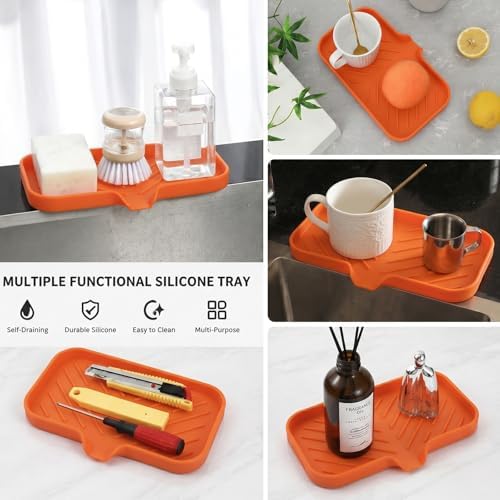 MicoYang Silicone Soap Dish with Drain Spout — Self-Draining Sink Organizer Tray for Bathroom & Kitchen, Sponges, Dispensers & Soap Holder, Non-Slip & Dishwasher Safe, Orange (Medium, 9.6"×5.3") - Image 5