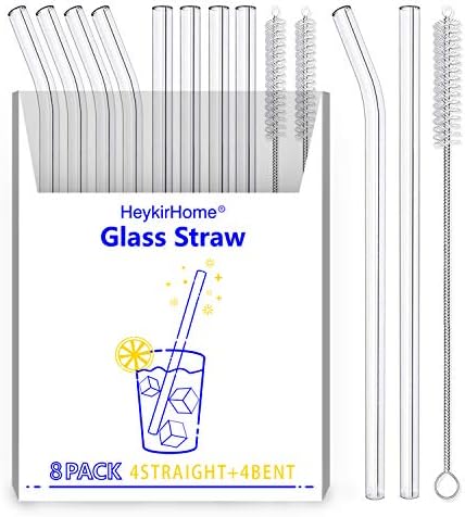 HeykirHome 8-Pack Reusable Glass Straw,Size 8.5''x10 MM,Including 4 Straight and 4 Bent with 2 Cleaning Brush- Perfect For Smoothies, Tea, Juice by HeykirHomeGlassStraw