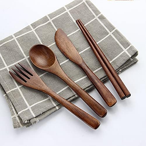 Portable Wooden Cutlery Set for Travel and Camping - 4 Piece Set With Reusable Wooden Spoon, Fork, Knife and Chopsticks - Image 4