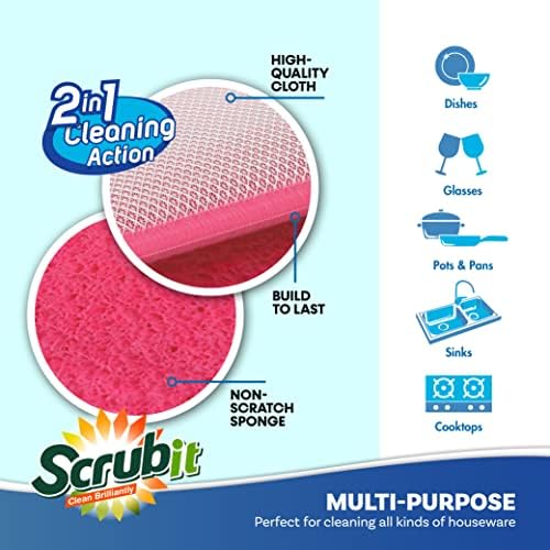 Scrub and Wipe Scrubbing Pads [10 Pack] – SCRUBIT Dual Sided Scouring Pad and Sponge - Reusable Kitchen Scrubbing Sponges for Dishes, Pots, Pans Utensils & Non-Stick Cookware (Pink) - Image 3
