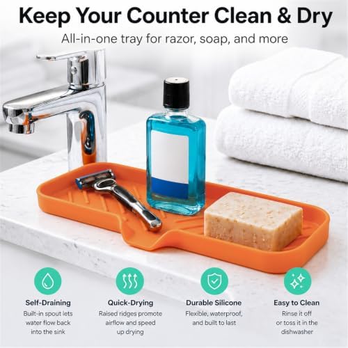 MicoYang Silicone Soap Dish with Drain Spout — Self-Draining Double Sink Organizer Tray for Kitchen & Bathroom, Dispensers, Sponges & Soap Holder, Non-Slip & Dishwasher Safe, Orange (Large, 12"×4") - Image 6