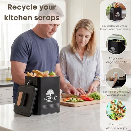 PERFNIQUE Kitchen Compost Bin, 1.7 Gallon Countertop Compost Bin with Lid, Indoor Compost Bin Includes 2 Carbon Filters, Small Compost Bucket, Food Waste Bin for Kitchen with Trash Bags (Matte Black) - Image 3